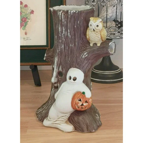 Vintage Ceramic Hand Painted Spooky Tree With Owl & Ghost Holding a Pumpkin Fig - Picture 2 of 15